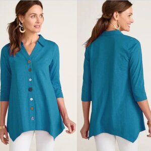 Soft Surroundings Teal 100% Cotton Danielle 3/4 Sleeve Tunic Top, Large